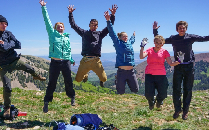 Six people jump into the are in a green meadow. They appear to be at high elevation. 